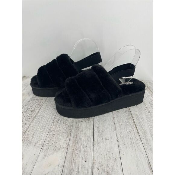 Torrid  Black Faux Fur Platform Slingback Slippers‎ Size 9 WW - Picture 1 of 5